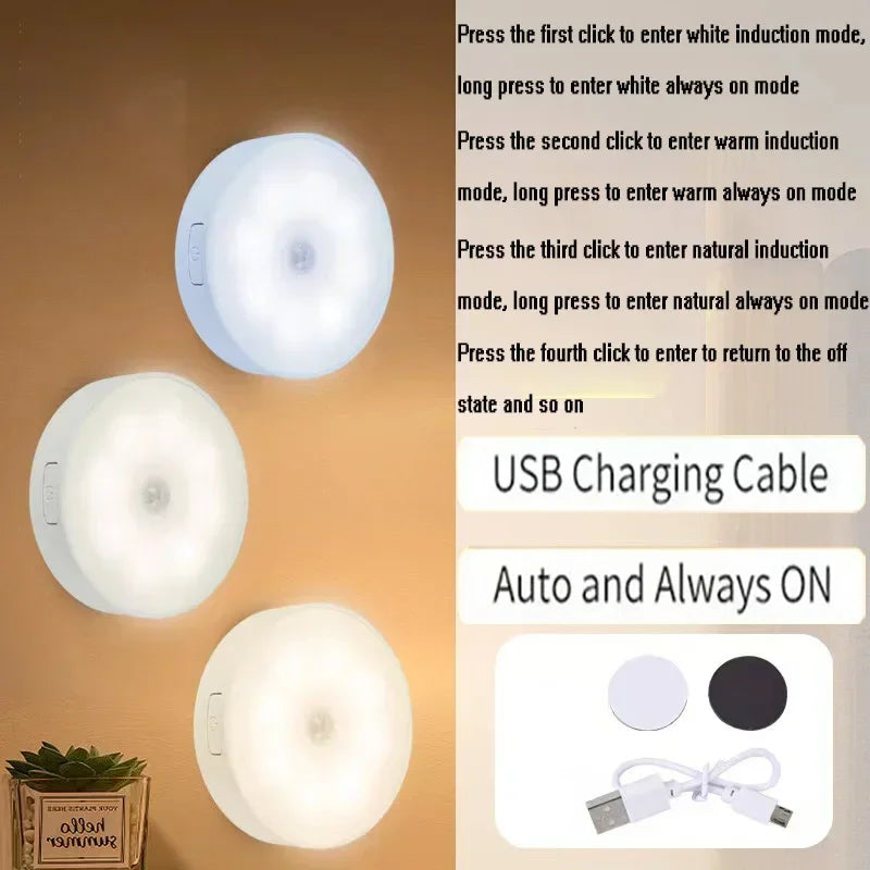 2~6 Pack Motion Sensor LED Night Light USB Rechargeable 3 Color Night Lamp Cabinet Wardrobe Lamp Staircase Wireless Closet Light Qme 2Pcs 3Color