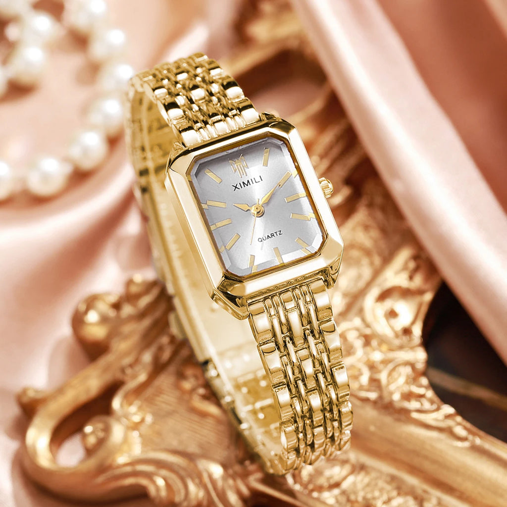 Women Gold Square Quartz Watch Green White Dial Thin Steel Band Wristwatch Qme