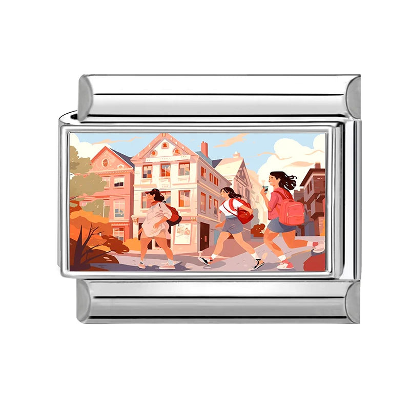 Blue Landscape Sky School Student Schoolbag City Italian Charms Fit 9mm Stainless Steel Women Fashion Bracelet DIY Jewelry Gifts Qme Style 13