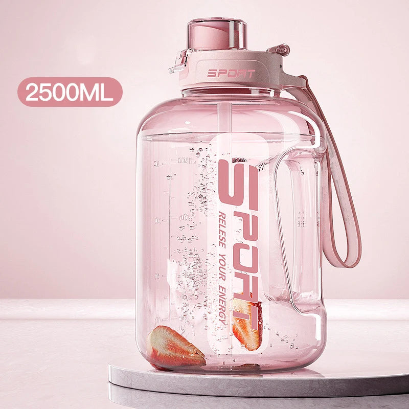Large Capacity2500 Water Bottle Straw Lid Sports Gym Kettle Camping Qme 2500ML Pink