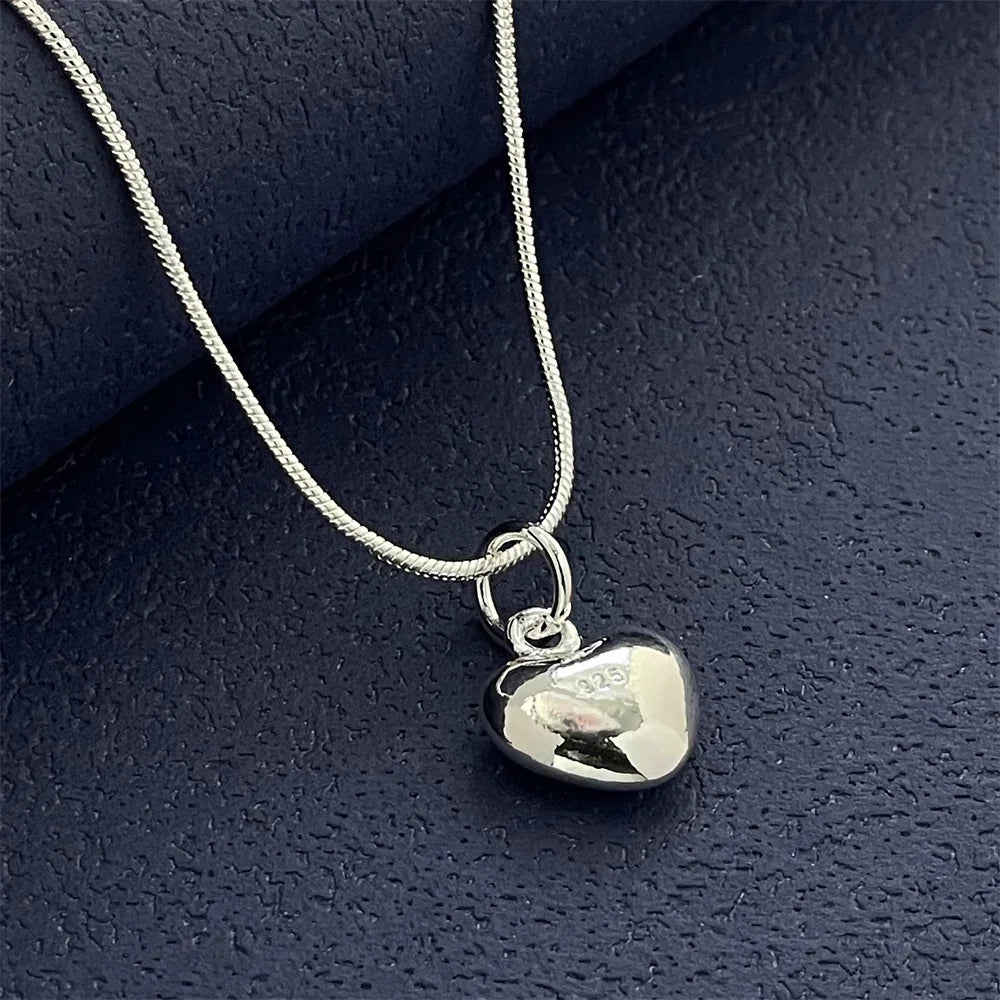 Cute 925 Sterling Silver Jewelry Classic Lovely Heart Pendant with Snake Bone Chain Necklace for Women Party Anniversary Gift Qme