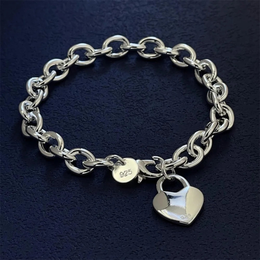 Hot Y2k Style 925 Sterling Silver Lucky Heart Lock Bracelets for Women Wedding Accessories Holiday Gift Party Fashion Jewelry Qme