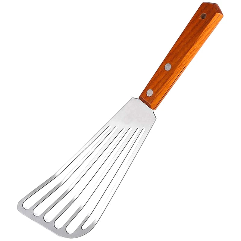 Stainless Steel Fish Frying Shovel Wooden Handle Fan-shaped Household Qme A