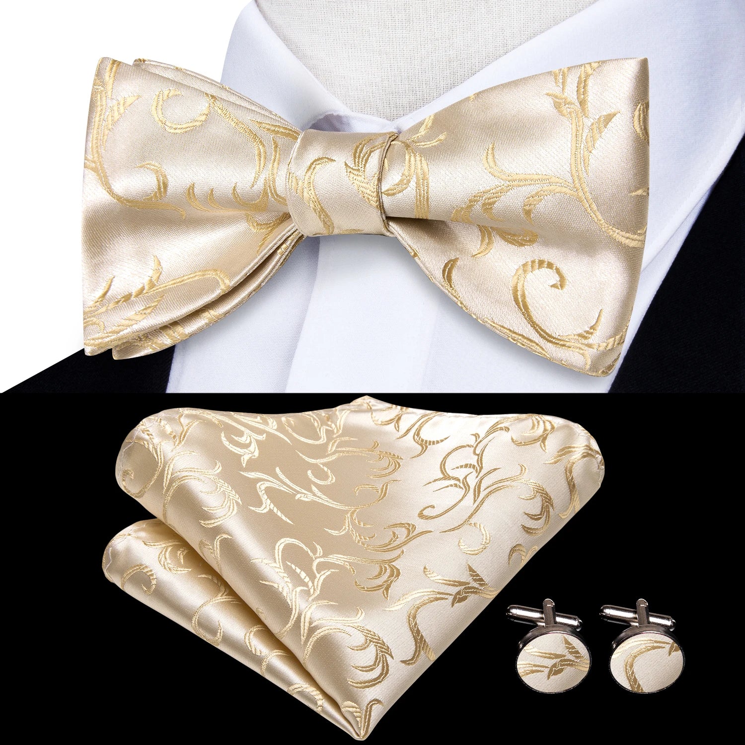 Hi-tie Silk Mens Self Bow Tie Hanky Cufflinks Blue Red Gold Black Qme LH-2049