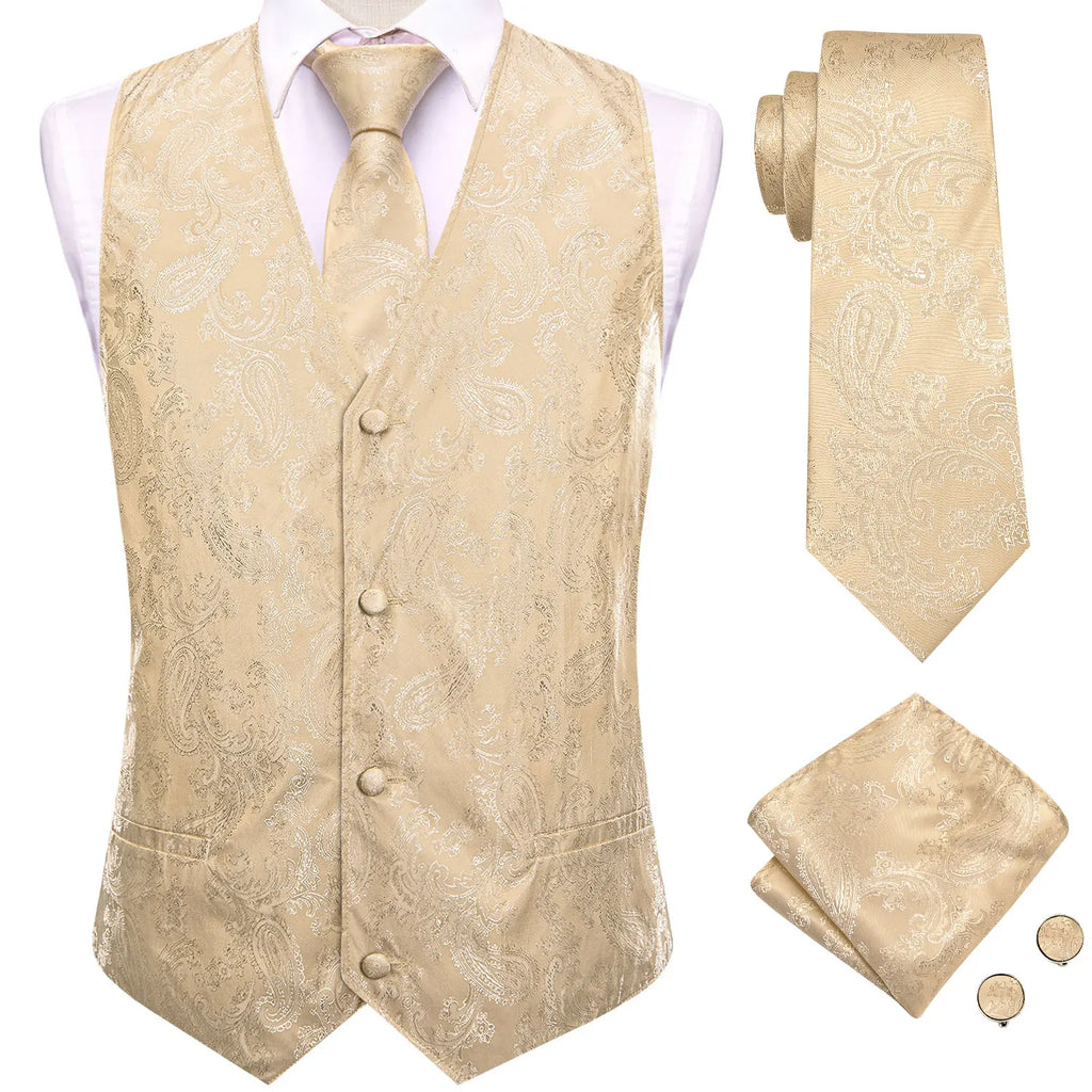 Hi-Tie Silk Mens Suit Vests 4PC Woven Paisley Champagne Waistcoat Tie Pocket Square Cufflink Business Wedding Dress Waist Jacket Qme