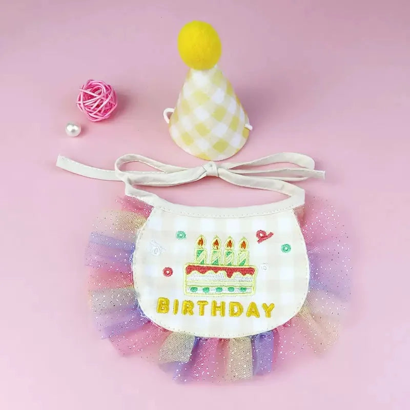 2-piece Pet Birthday Hat Scarf Set - Cute Embroidered Cat Headscarf - Checkered Pattern Lace Scarf Pet Party Supplies Decoration Qme YELLOW