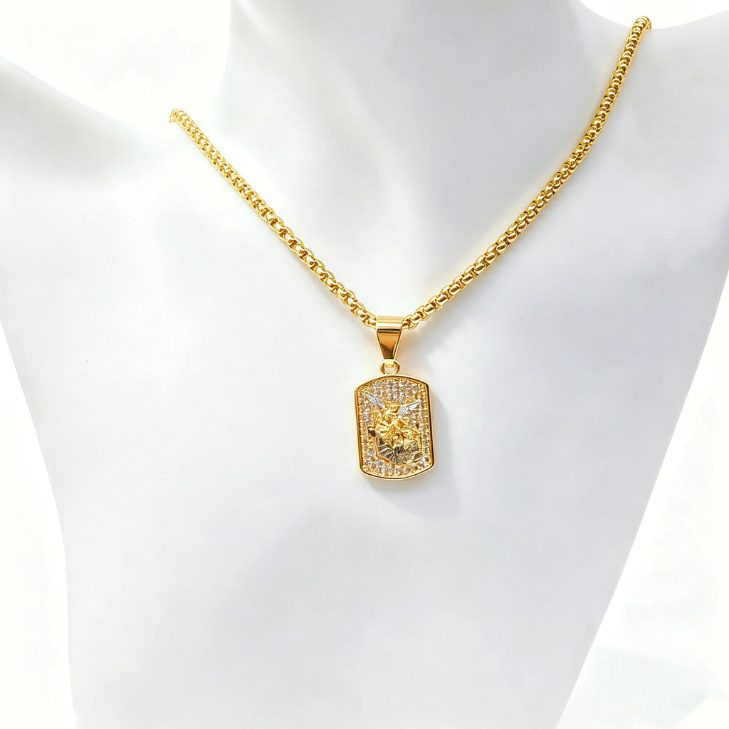 High Quality Square Religious St. Michael Stainless Steel Necklace Fashion for Men Women Party Gold/Rose Gold Zircon Jewelry Qme