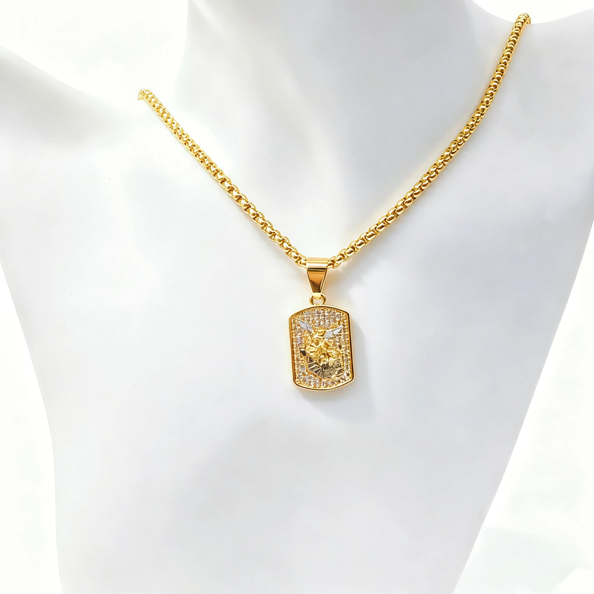 High Quality Square Religious St. Michael Stainless Steel Necklace Fashion for Men Women Party Gold/Rose Gold Zircon Jewelry Qme