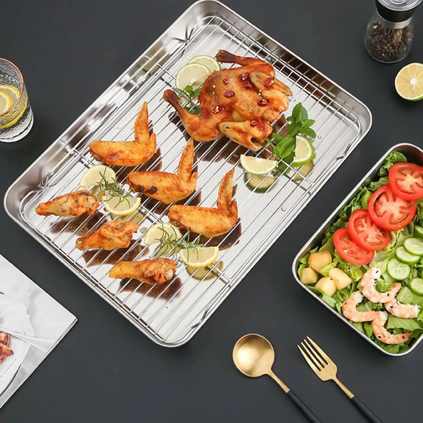 Baking Pans Set Stainless Steel Non-stick Multipurpose Trays With Cooling Rack Cooking Wire Rack For Cooking BBQ Outdoor Table Qme
