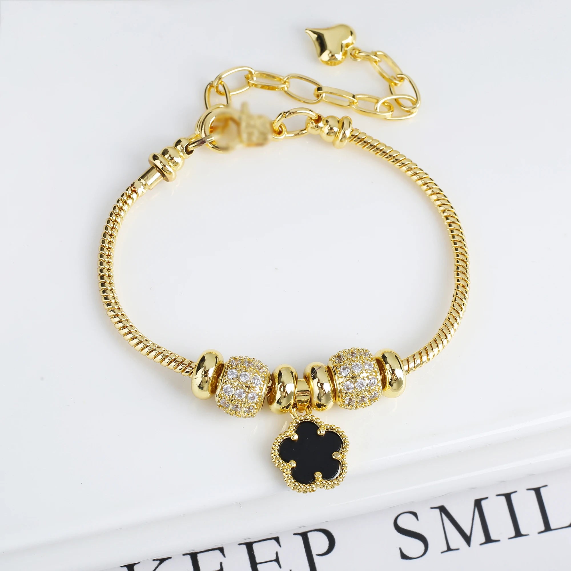 INS Hot Sale 10 Colors Natural Stone Five Leaf Flower Snake Bone Chain Bracelet Classic For Woman Clover Cz Ewelry Party Gift Qme Black