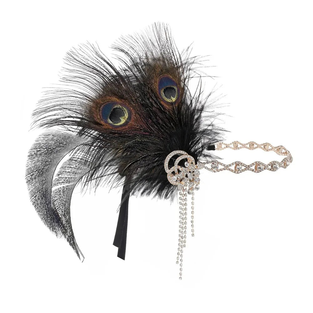 Retro Vintage Feather Headband Sequin Zircon Masquerade Hair Band Tassel Makeup Party 1920s Hair Accessories Bridal Headdress Qme Style 3