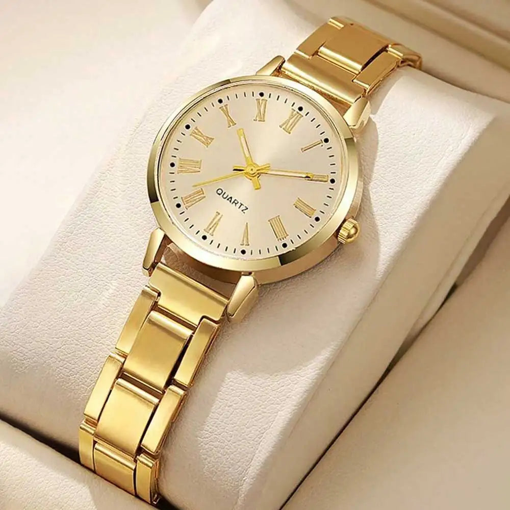 4PCS Golden Simple Roman Disc Women's Steel Belt Watch Love Bracelet Unlimited Diamond Set Bracelet Qme