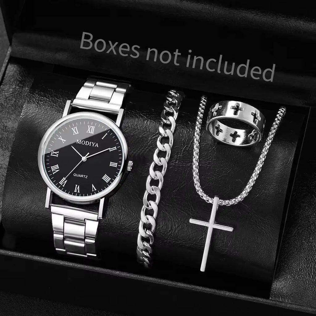 4 Pçs/set Moda Masculina Relógios de Negócios Simples Roma Dial Relógio de Pulso de Quartzo Conjunto de Jóias Reloj Hombre Qme 1