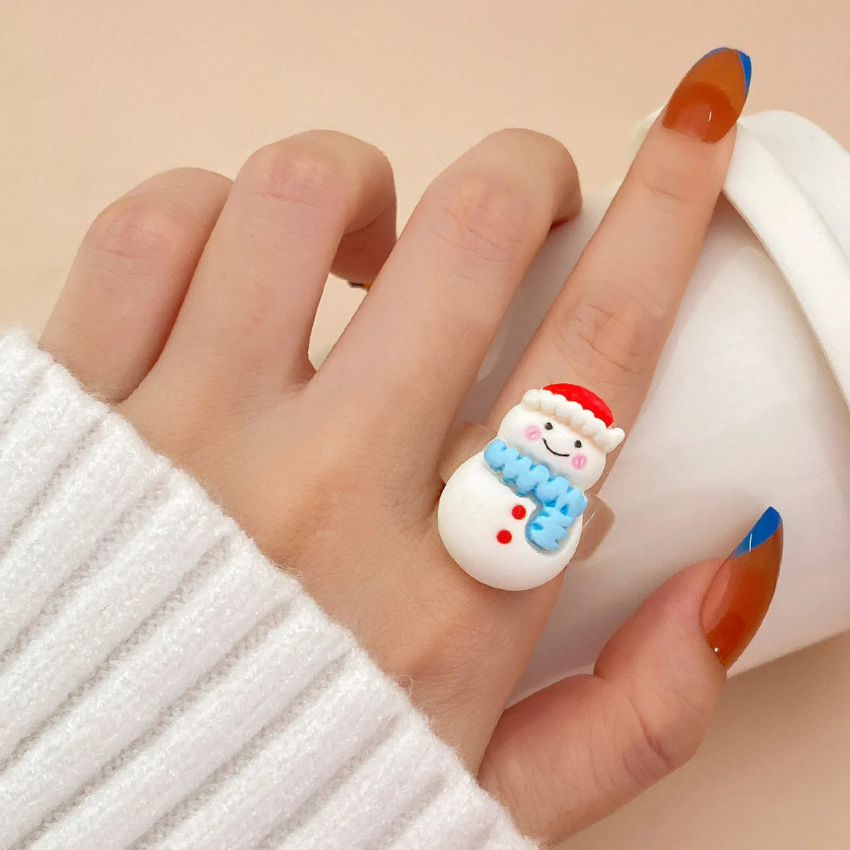 Cartoon Christmas Ring for Women Kid Cute Elk Snowman Star Tree Pendant Finger Ring Hand Party Jewelry New Year Friendship Gift Qme 3 Size 7