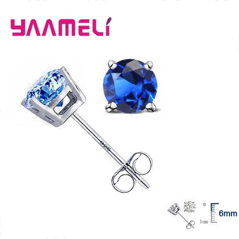 Classic CZ Crystal Stud Earrings 925 Sterling Silver Color for Women Men Unisex Gift AAA Cubic Zircon Wedding Party Jewelry Qme Blue