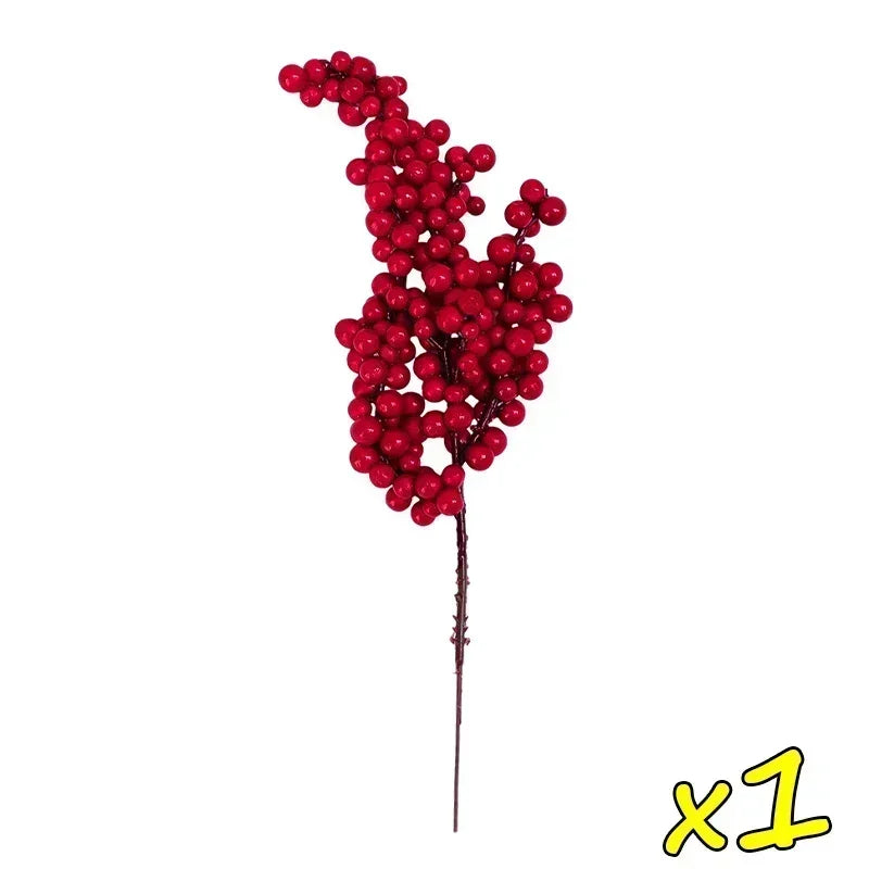 Christmas Artificial Red Berries Branch Fake Plants Flowers Holly Berry Stamen Wreath Ornaments for Xmas Tree Party Home Decor Qme 1 Branch 20.5x7x3cm
