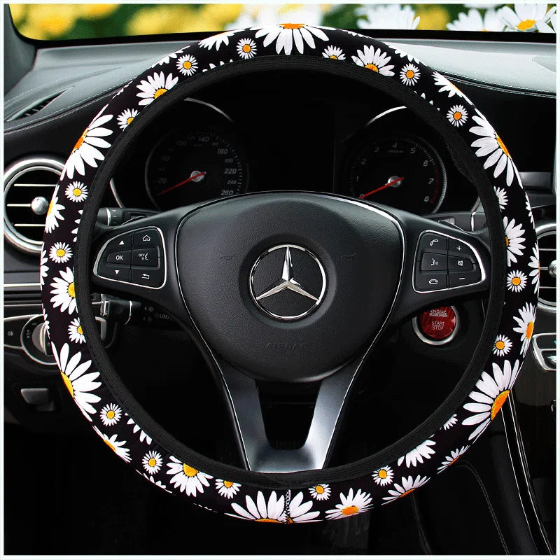 Universal Daisy Flower Print Car Steering Wheel Cover Elastic No Inner Ring Anti-slip Steering Protecto，Car Decor Accessories Qme