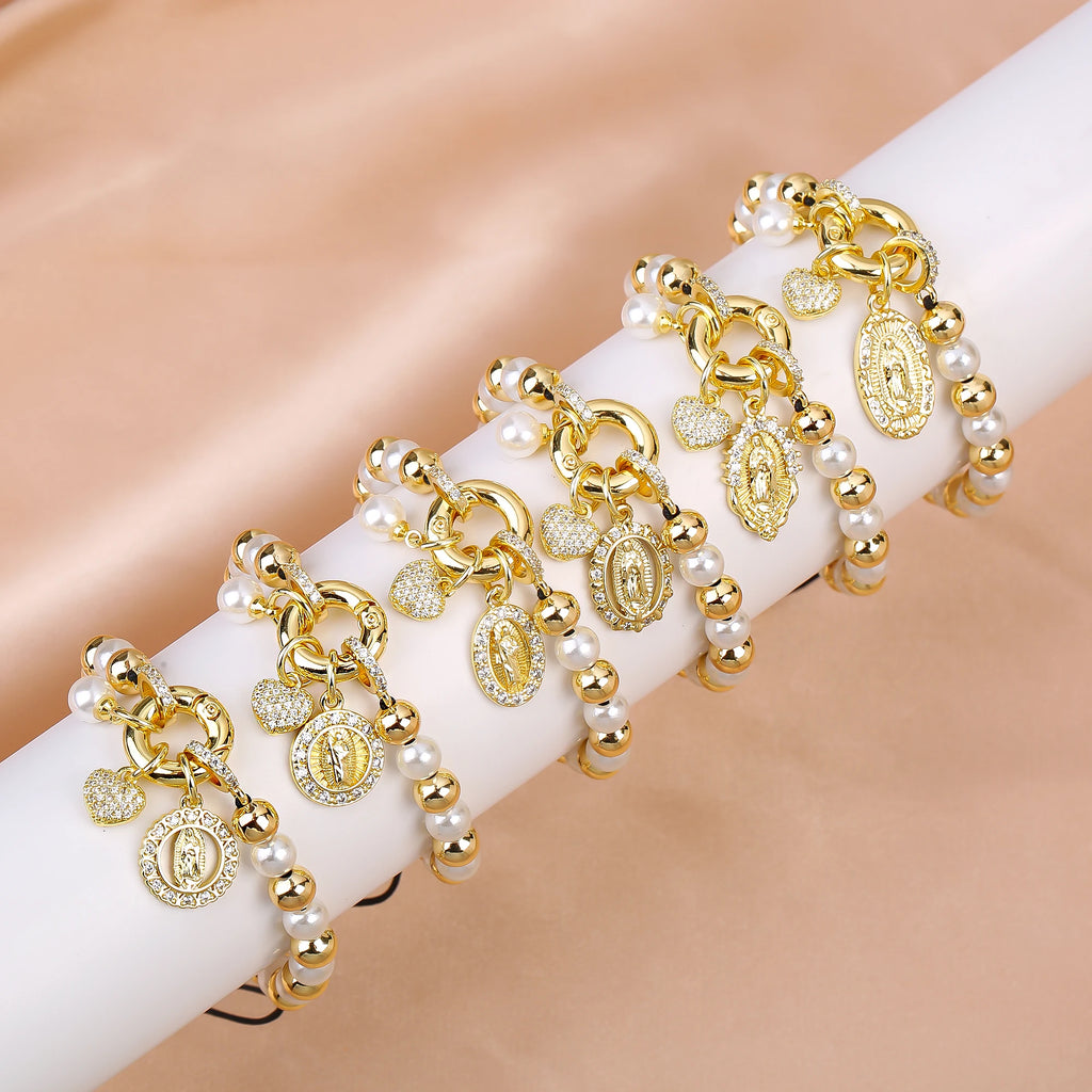New Design Pearl Copper Braided Virgin Mary Zirconia Black Rope Bracelet Fashion For Woman Daily Party Jewelry Religious Gift Qme