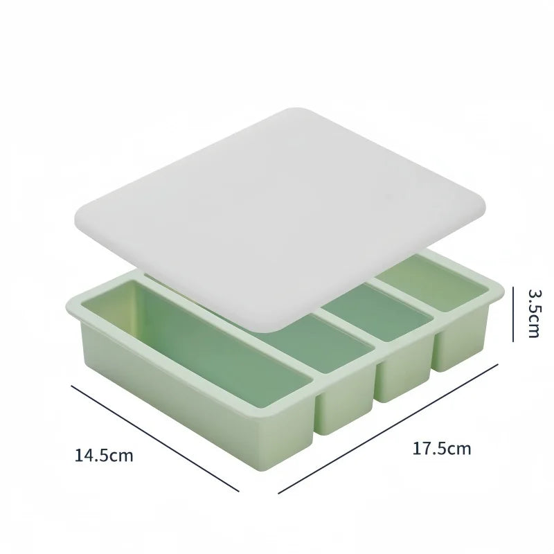 4 Grid Rectangular Silicone Ice Cube Mold with Lid Household Food Grade Ice Grid Tray Whiskey Ice Box Qme green