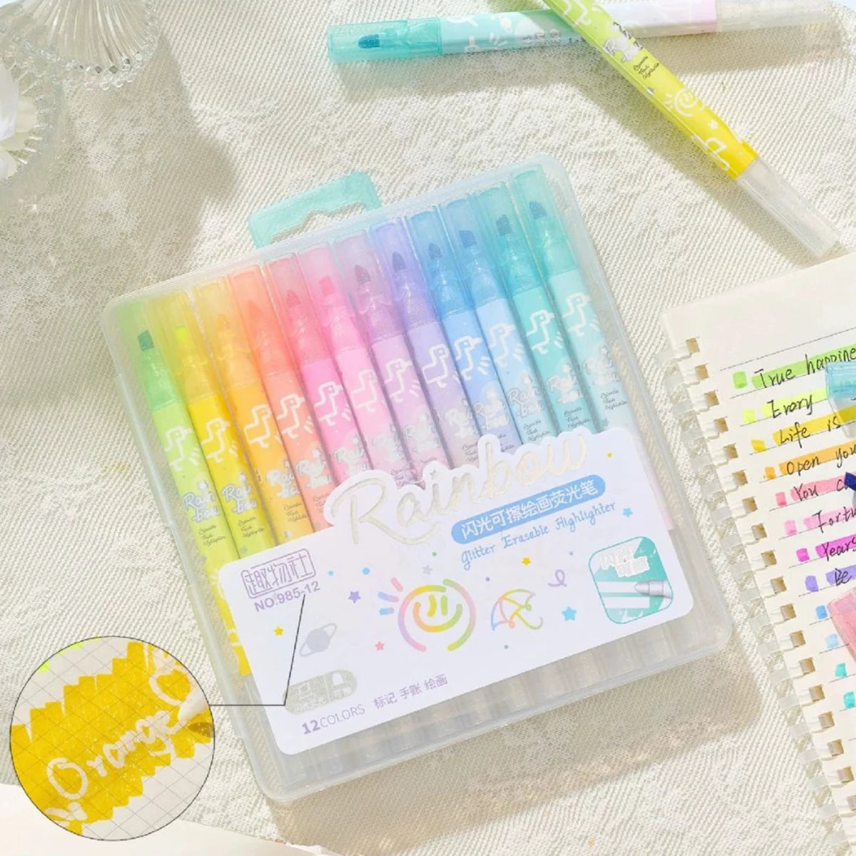 Erasable Glitter Highlighter Pens Sparkly and Shiny for Painting, Scrapbooking, DIY Craft Making, Coloring, Glitter Markers Qme 12 colors
