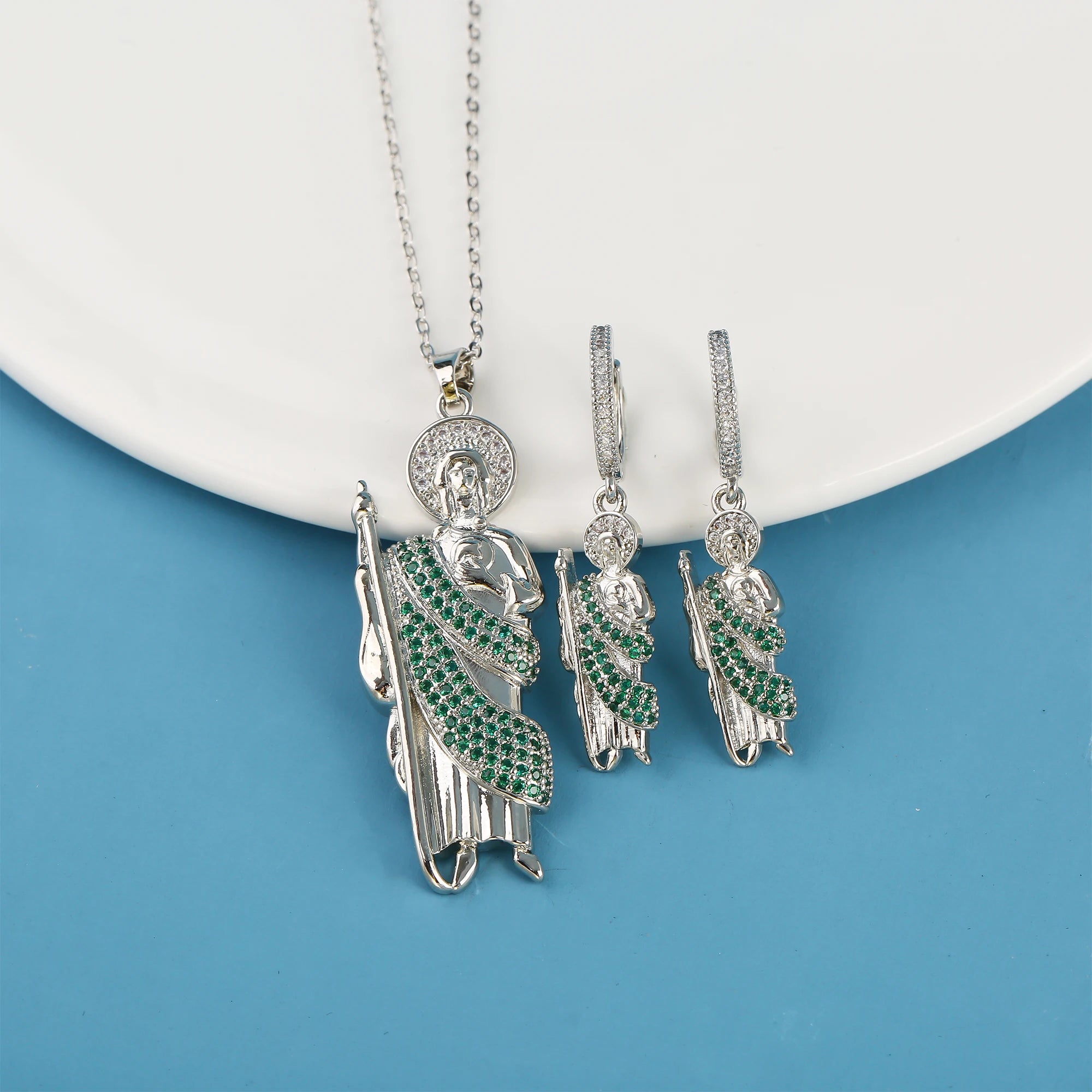 3PCS Religious San Judas Jewelry Set Necklace Earrings Simple for Woman Girl Party Wedding Zirconia Jewelry Gift Daily Wear Qme Jewelry Set 2