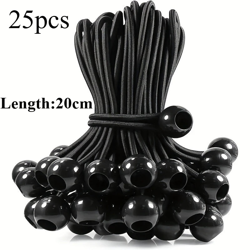 25pcs Heavy Duty Ball Bungee Cords - Perfect For Shelter, Gazebo, Camping, Tent, Cargo, Yard & More! Qme black