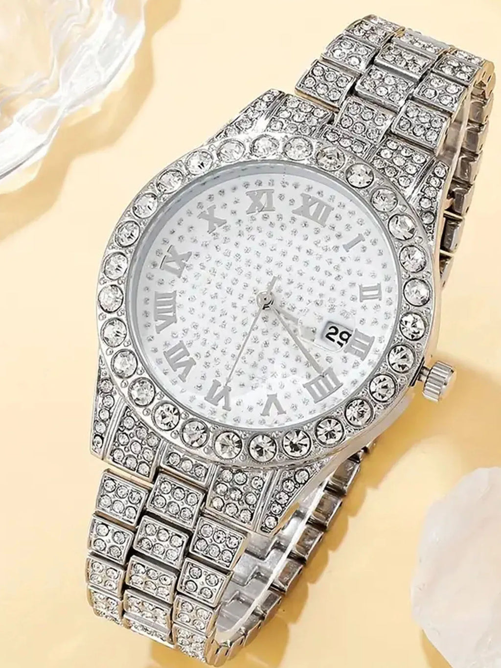 3Pcs Hip Hop Iced Out Watch Cuban Link Chain Bracelet Set Qme