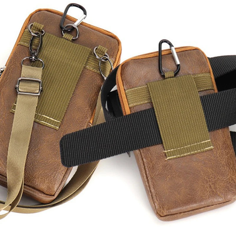 Vintage PU Leather Waist Strap Bag Waterproof Hook Chest Multi Layer Qme
