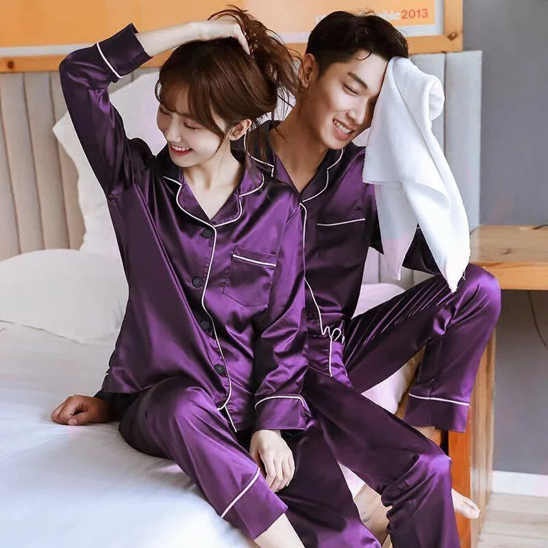 B Solid Color Sleepwear Silk Satin Pajamas Couple Set Long Sleeves Pyjamas Suit Pijama Women Men Loungewear Plus Size Pj Set Qme