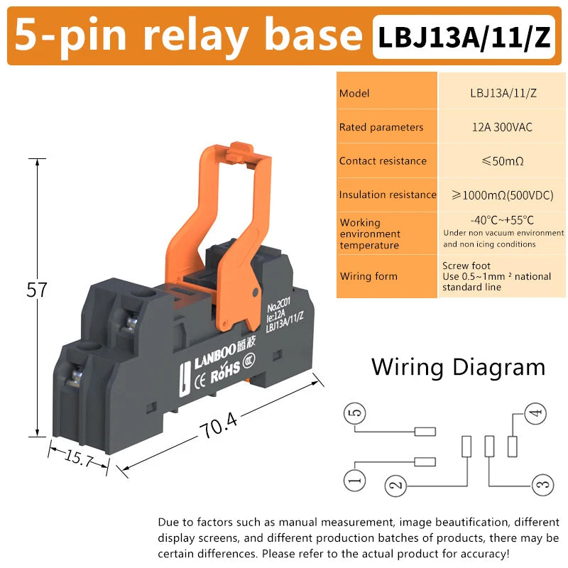 Relay Base LBJ13A Series Precision Manufacturing 5Pin 8Pin For DC12V/24V/48V AC24V/110V/220V Qme 5pin