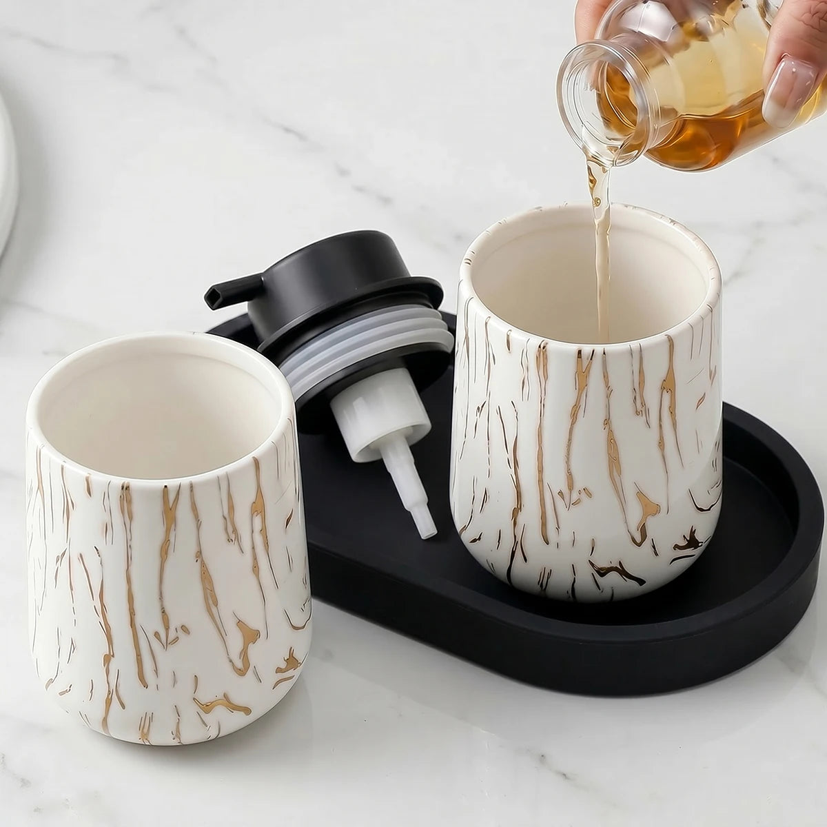 3pcs/set Marble Bathroom Set with Silicone Tray Foaming Hand Dispenser Toothbrush Holder Set Vanity Organizer for Bathroom Kitch Qme