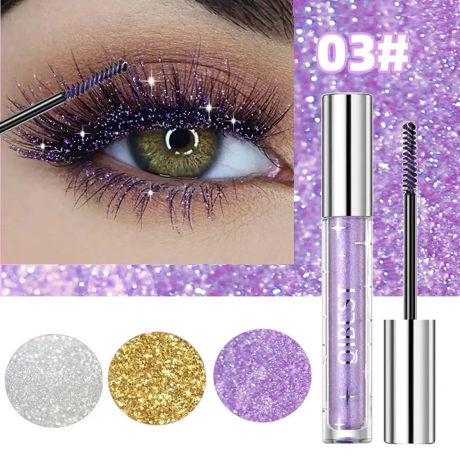 QIBEST Sliver Gold Purple Glitter Mascara Quick Dry Lasting Waterproof Curling Thick Shiny Eyelash Diamond Mascara 3 Colors Qme