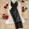 Elegant Split Women Nightgown Beauty-back Spaghetti Strap Lace Pajama Qme Black XL