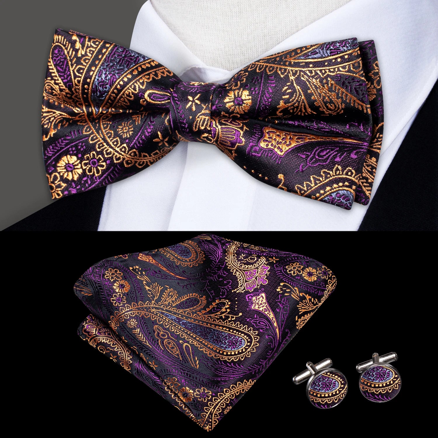 Hi-tie Grey Plaid Jacquard Pre-tied Mens Bow Tie Hanky Cufflinks Qme LH-0752