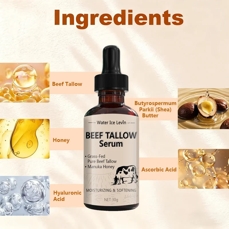 Beef Tallow Serum with Manuka Honey & Hyaluronic Acid - Moisturizing, Firming & Non-Greasy Face Serum for All Skin Types Qme