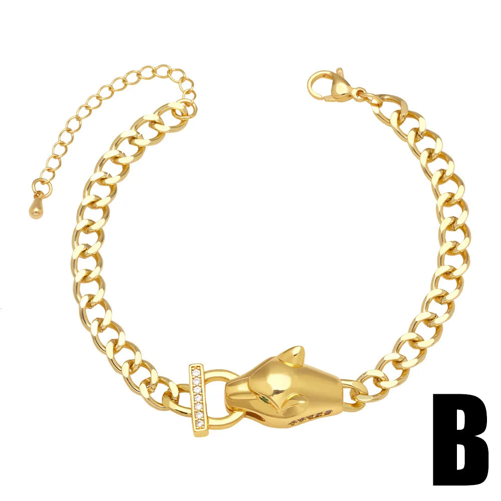 New Hot Punk Hip Hop Personality Leopard Head Bracelet Men and Women Cool Zircon Gold Plated Cuban Chain Wholesale Qme B