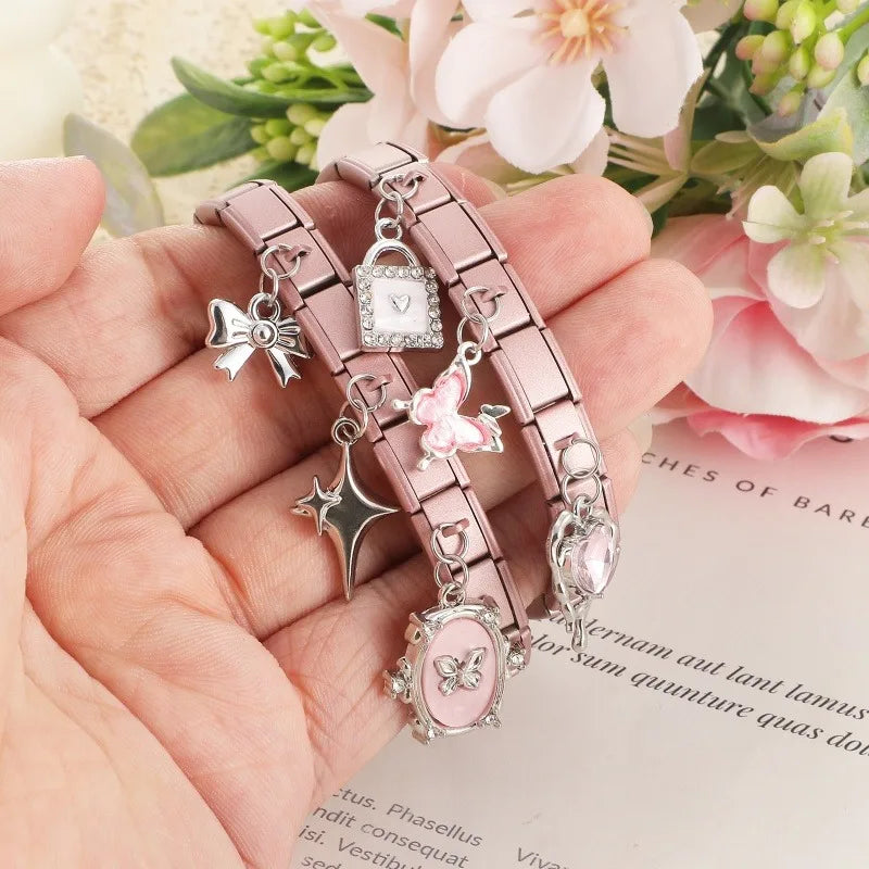 2026 Sweet Cute Cat Heart Zircon Butterfly Moon Star Pendant Italian Charm Links Fit 9MM Stainless Steel Bracelet DIYMaking Gift Qme