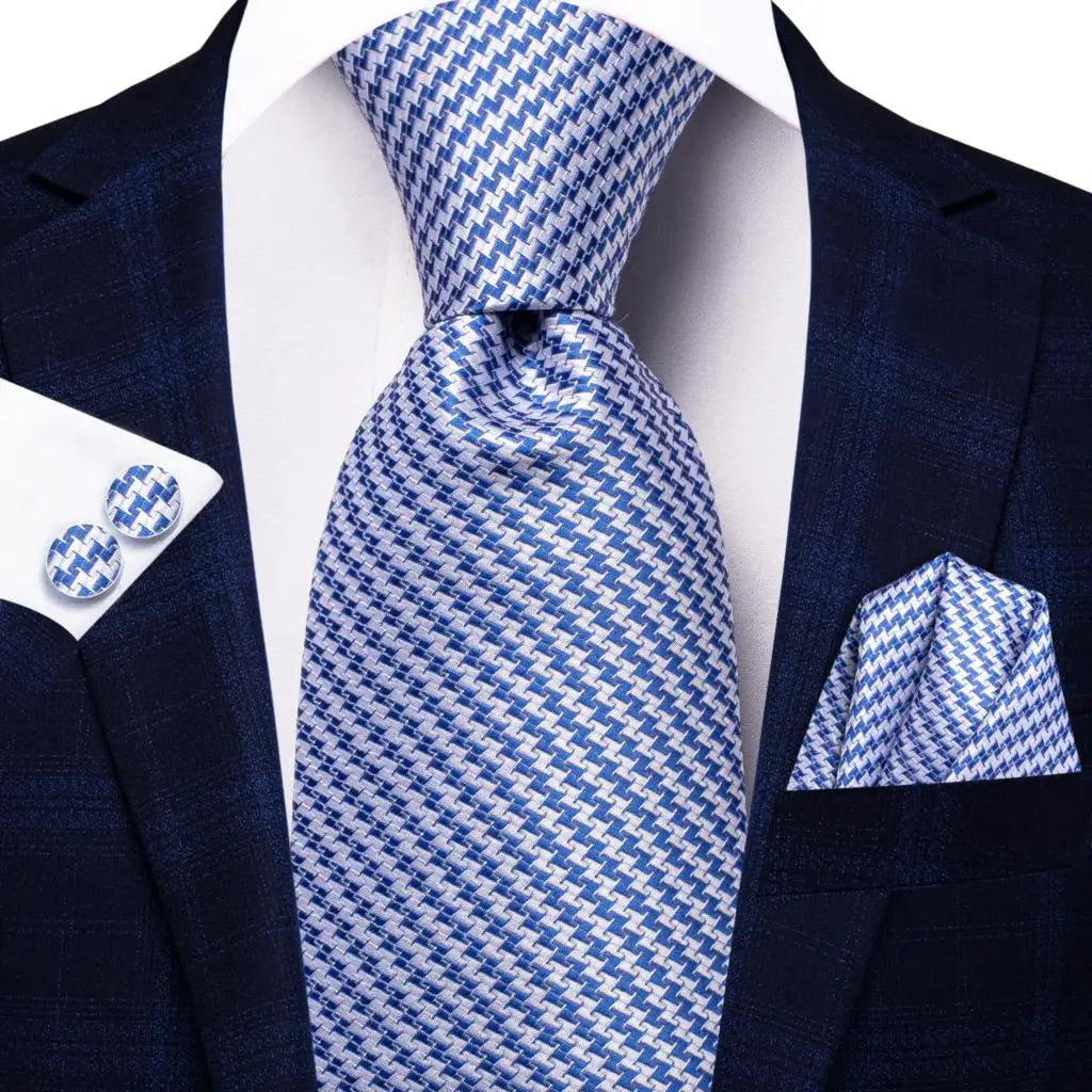 Hi-tie Light Blue Striped Novelty Wedding Tie Men Handky Cufflinks Qme 3464