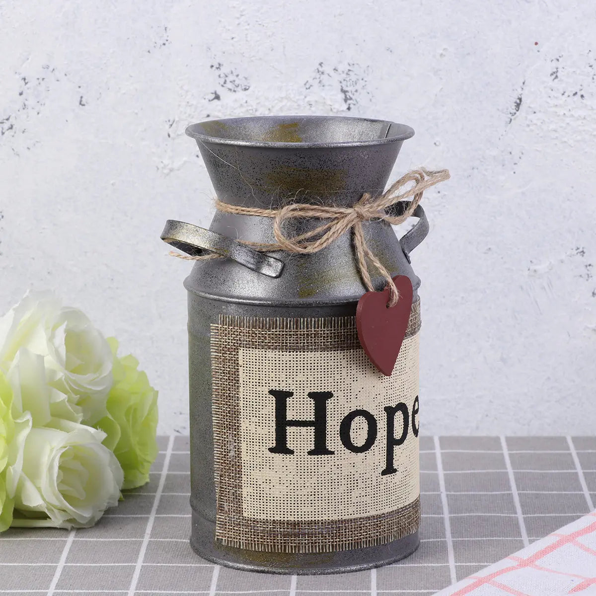 Vintage Metal Vase Retro Milk Can with Distressed Paint and Dual Handles Unique Home Office Decorative Flower Pot Qme
