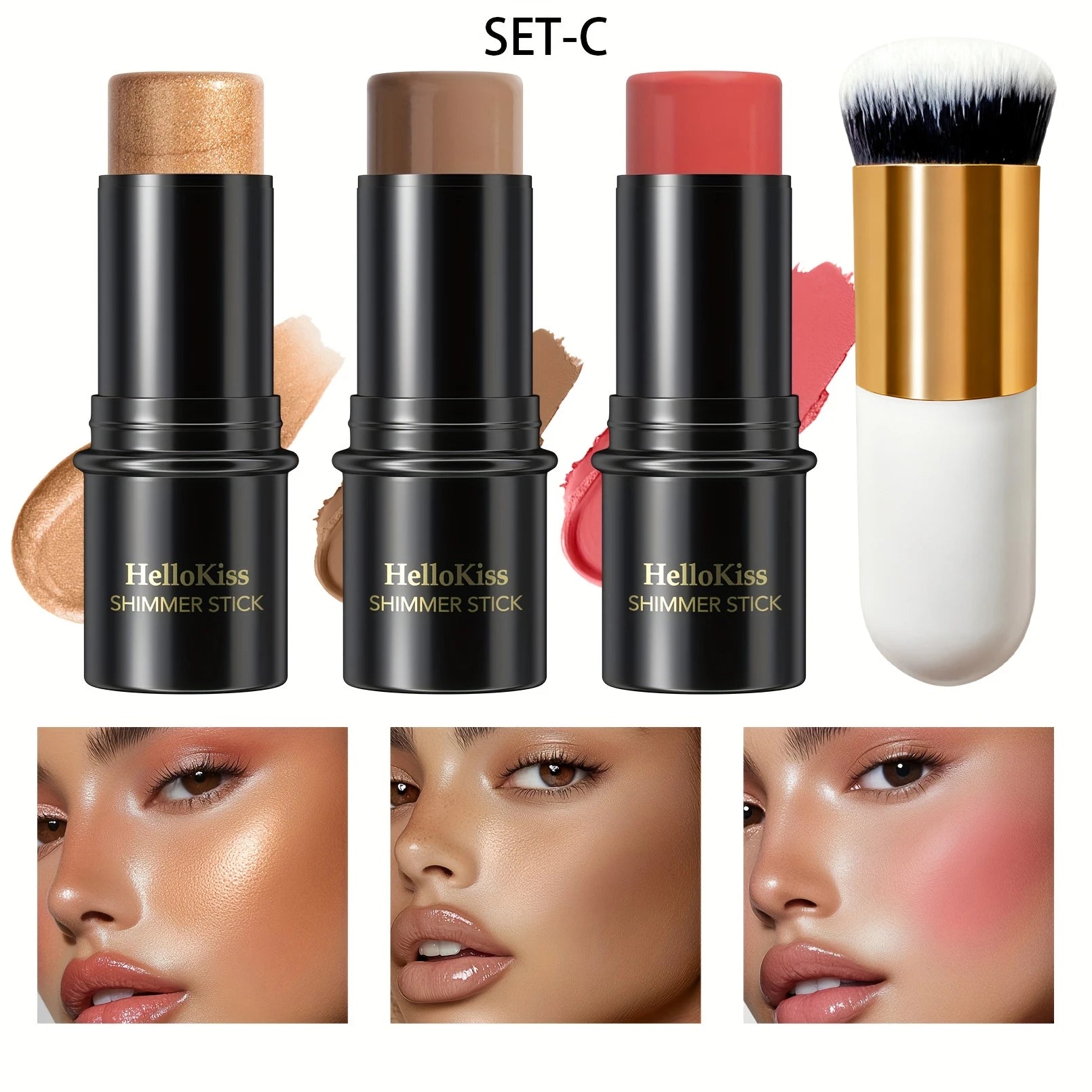4pcs Contour Stick Set, Highlighter, Blush & Bronzer with Highlight Brush Long-Lasting, Perfect for Halloween & Graduation Gifts Qme 9504C-020-2