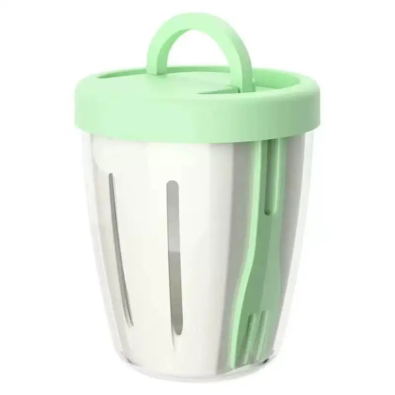 Cylindrical Salad Container Plastic Fruit Cup Fork Drainage Holes Qme Green