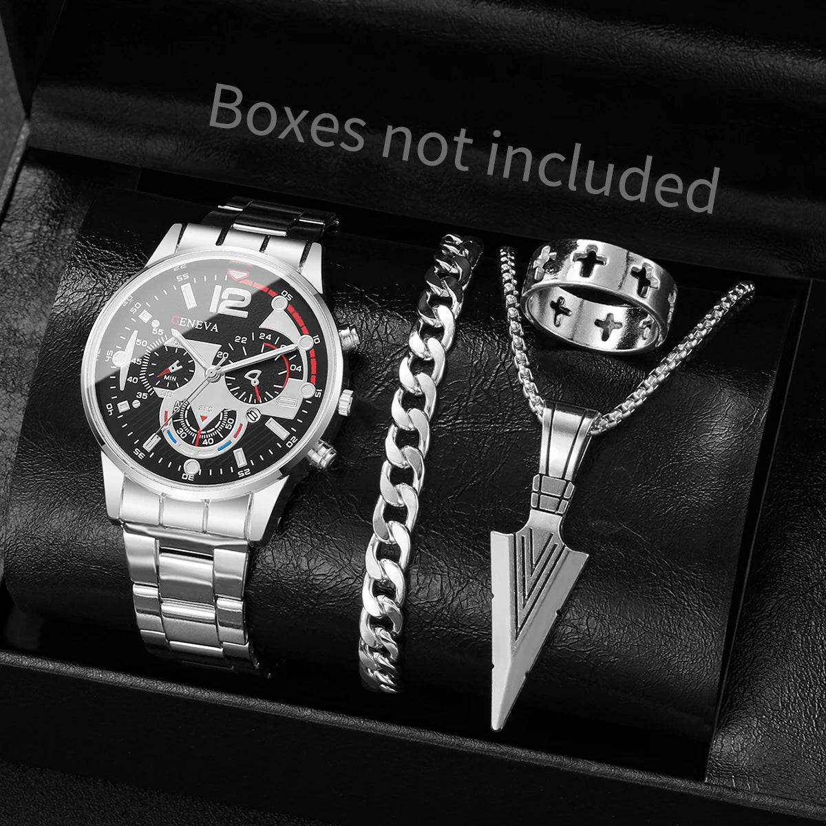 4 pieces/set of men's fashionable business watches, casual quartz watches with calendar and jewelry set, men's watches Qme 1
