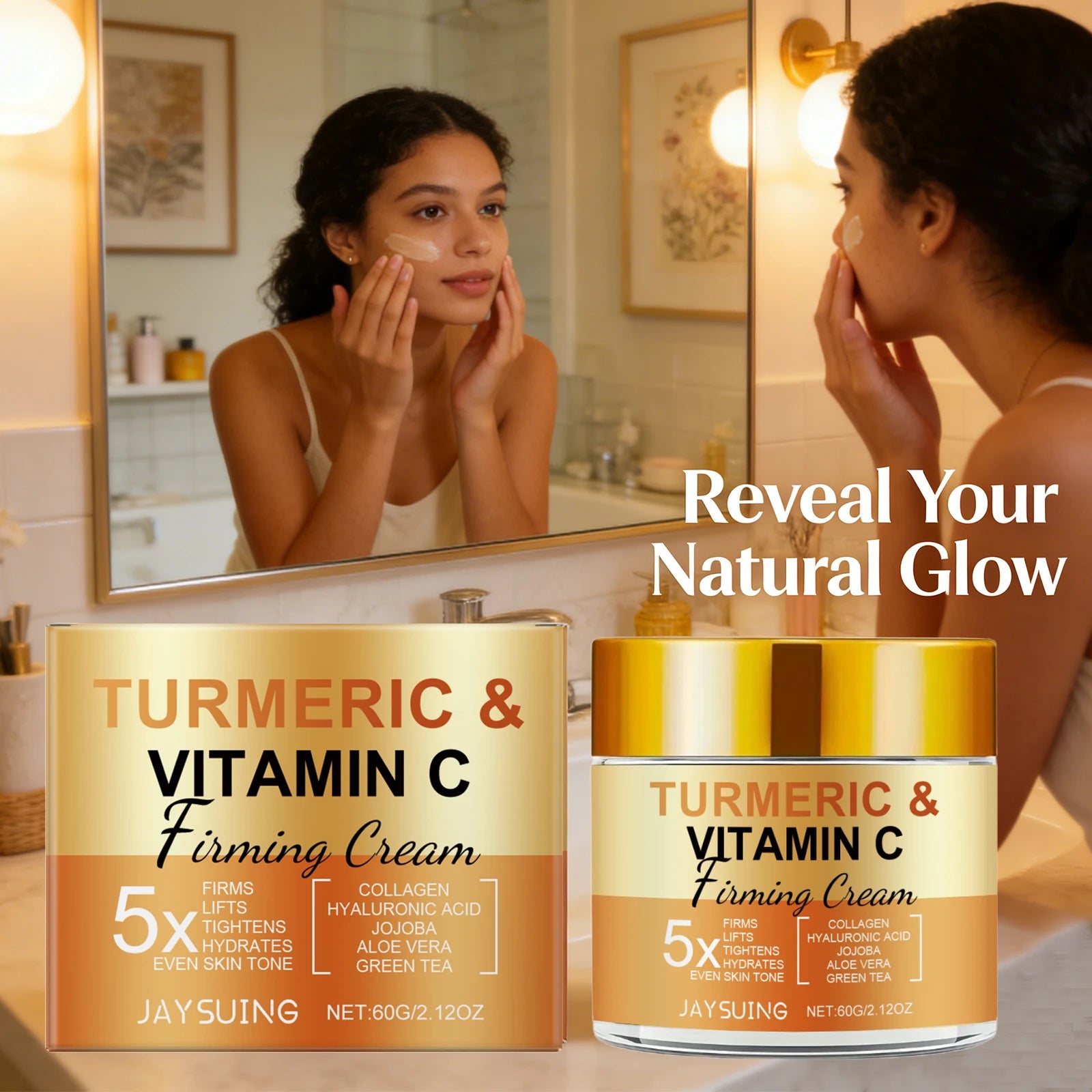 Jaysuing Turmeric Vitamin C Firming Cream Deep Hydration Fine‑Line Reduction Facial Contour Lifting Moisturizing Facial Cream Qme