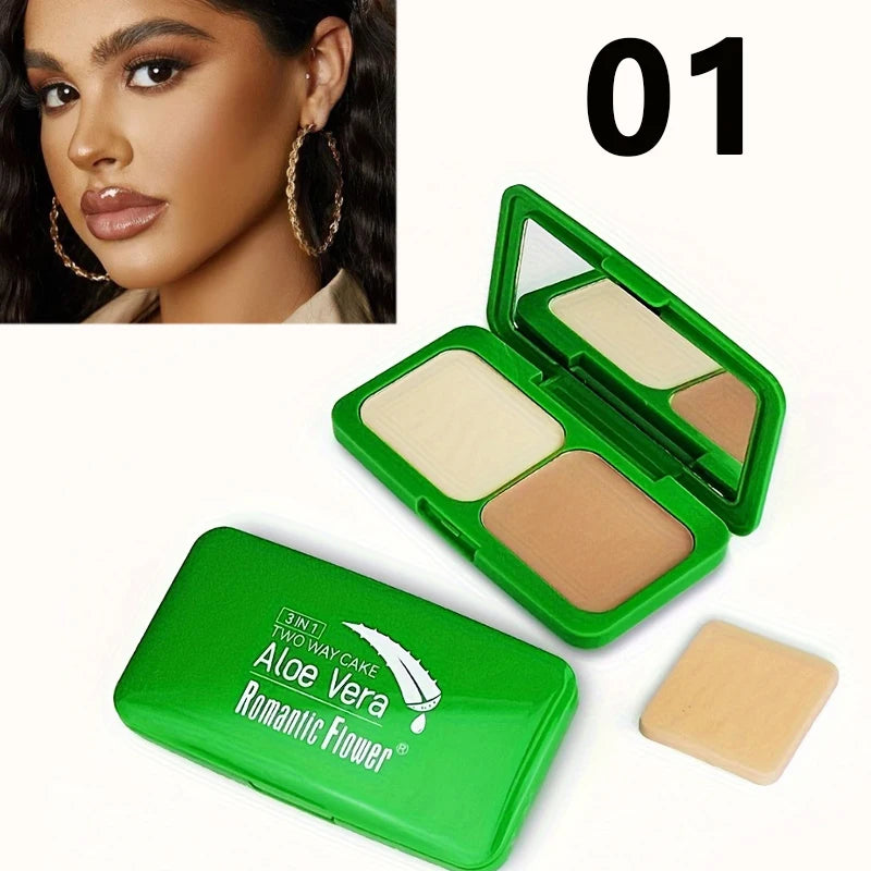 3-in-1 Double-Layer Aloe Vera Matte Powder Foundation Waterproof Sweatproof Long-Lasting Oil Control for Summer Makeup Set Qme 01