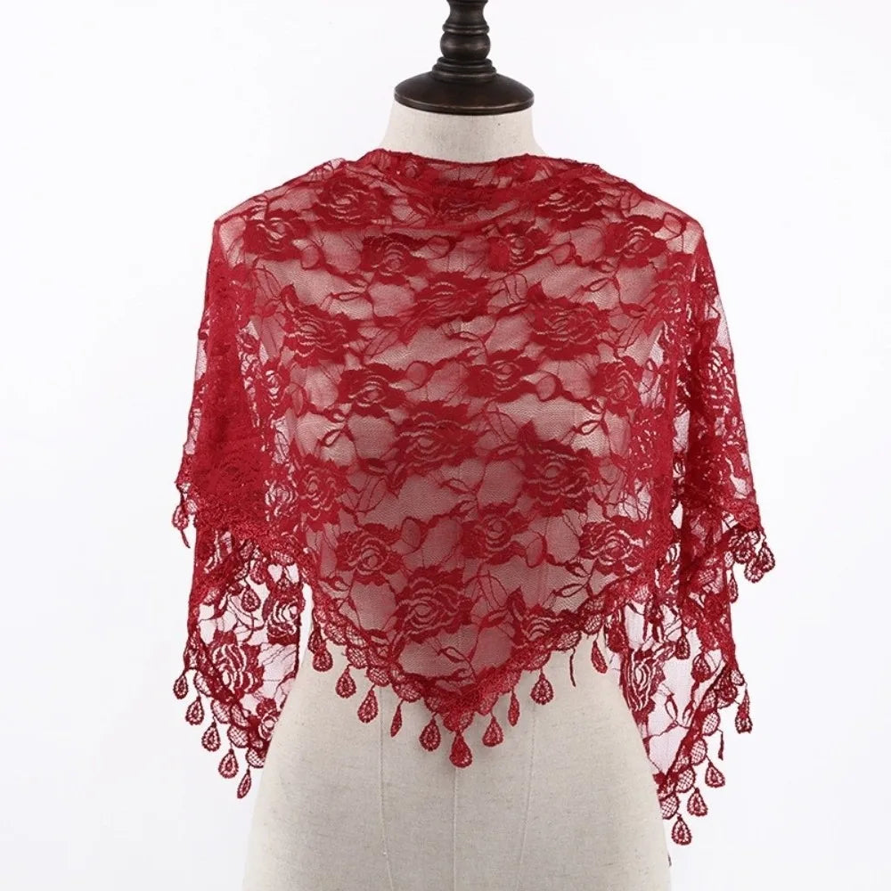 Sun Protection Lace Scarf Colorful Tassel Printed Wraps Hair Qme Dark Red
