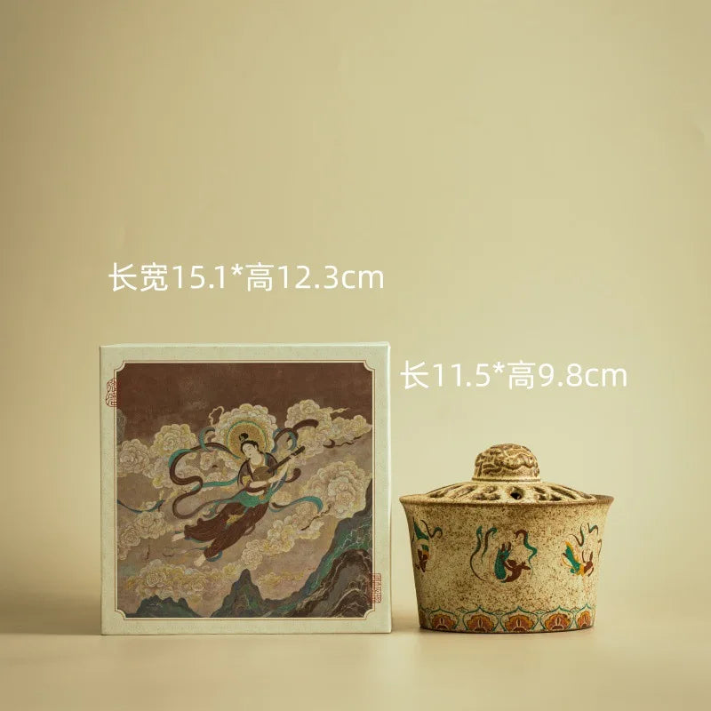 Chinese Retro Ceramic Incense Burner Dunhuang Flying Apsaras Elegant Qme Dark Khaki