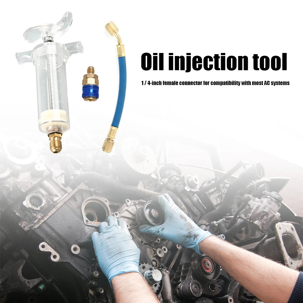 Car A/C Oil and Dye Injector 30ml with R-134a Low Side Quick Coupler Adapter 1/4" SAE Coolant Filling Tube Injection Tool Qme