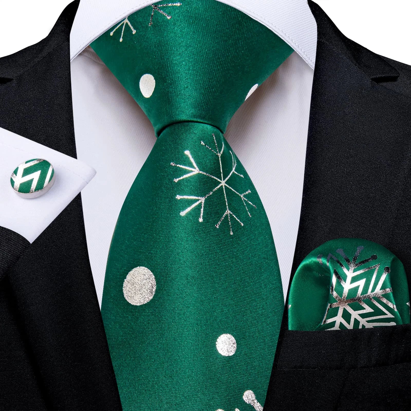 Christmas Green Tie Set 3 Pieces Men Necktie Pocket Square Cufflinks Xmas Wedding Party Suit Accessories Gifts for Dad Boyfriend Qme DG-LDSN8731
