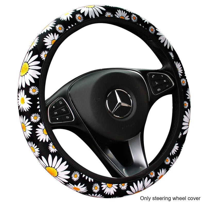 Universal Daisy Flower Print Car Steering Wheel Cover Elastic No Inner Ring Anti-slip Steering Protecto，Car Decor Accessories Qme 1pc