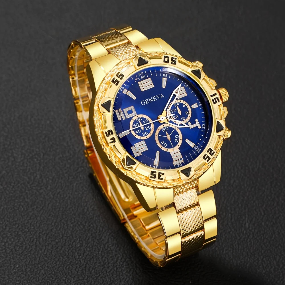 6pcs men's Geneva quartz watch set - elegant round dial, stainless steel strap, zinc alloy case, quartz watch Qme